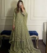 green georgette readymade suit with embroidery & sequence work