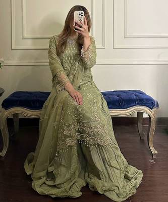 green georgette readymade suit with embroidery & sequence work 2