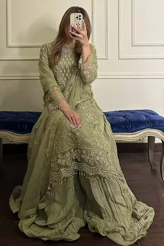 green georgette readymade suit with embroidery & sequence work