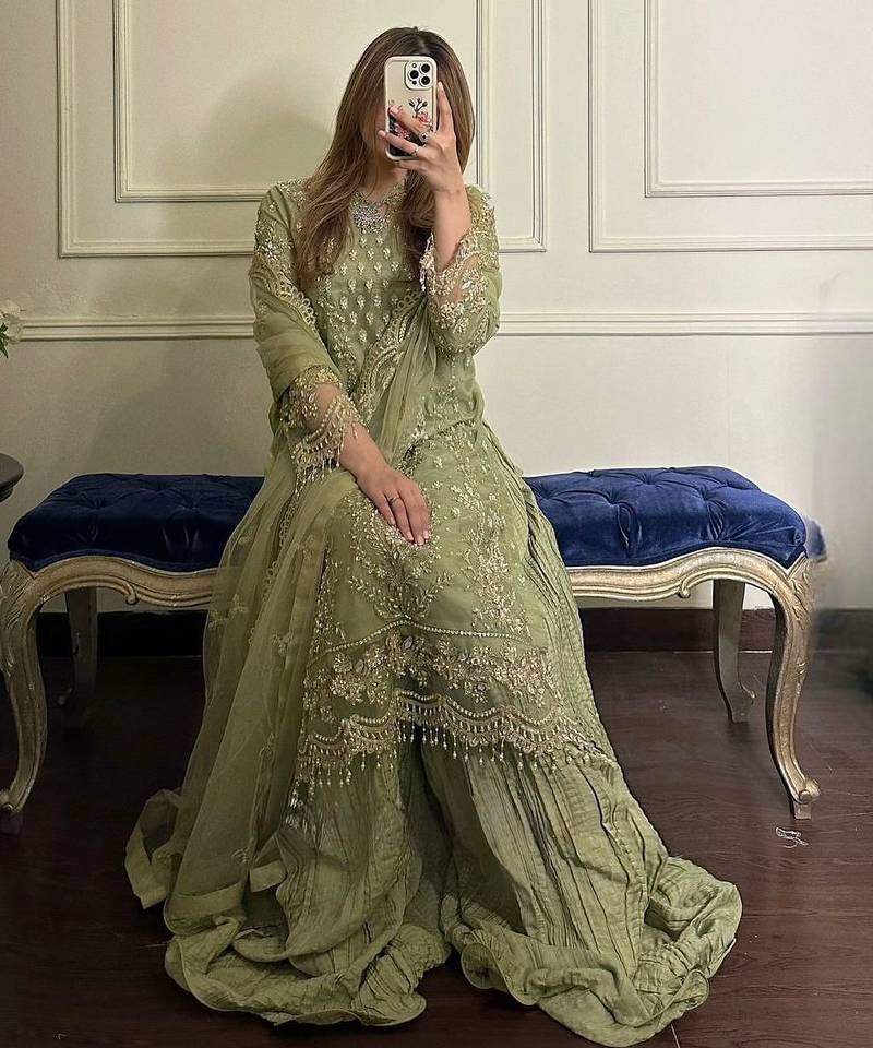 green georgette readymade suit with embroidery & sequence work