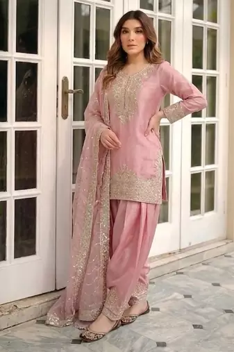 pink silk blend  readymade suit with embroidery & sequence work