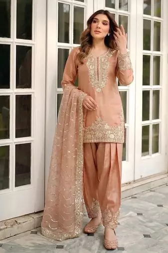 orange silk blend  readymade suit with embroidery & sequence work