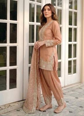 orange silk blend  readymade suit with embroidery & sequence work 2