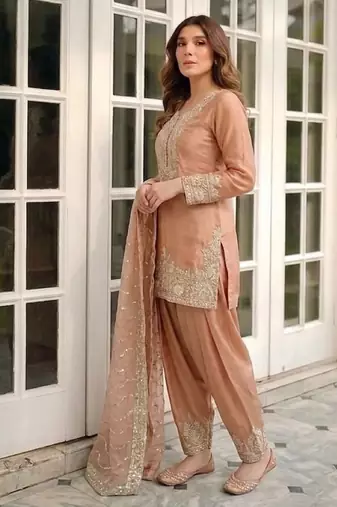 orange silk blend  readymade suit with embroidery & sequence work