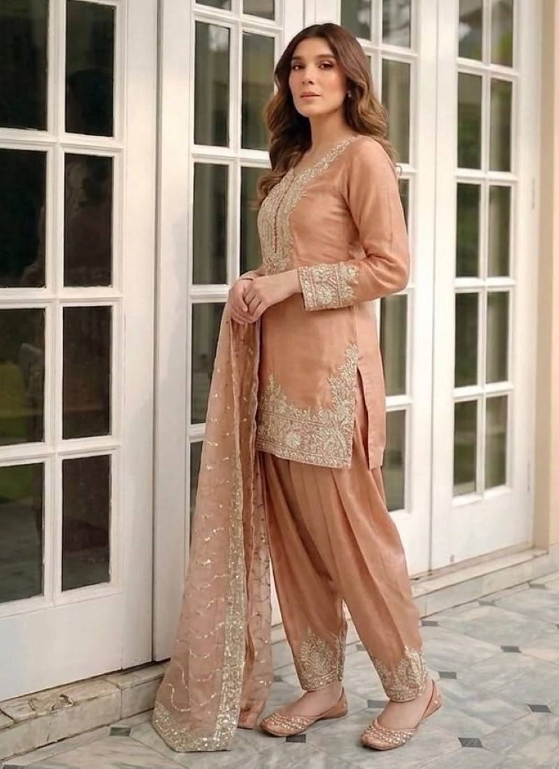 orange silk blend  readymade suit with embroidery & sequence work