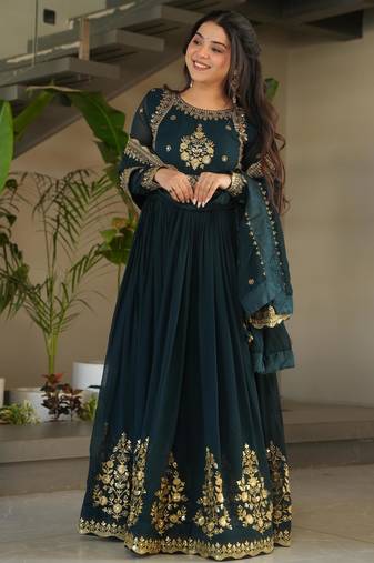 navy faux georgette readymade anarkali suit with zari thread & embroidery work