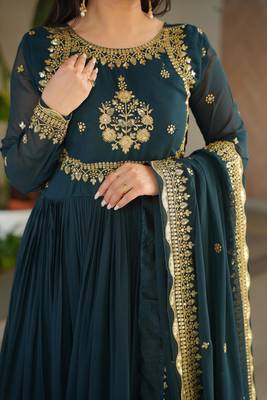 navy faux georgette readymade anarkali suit with zari thread & embroidery work 2