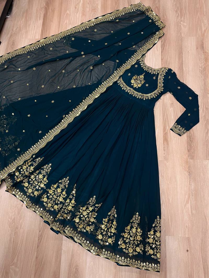 navy faux georgette readymade anarkali suit with zari thread & embroidery work