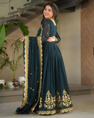 navy faux georgette readymade anarkali suit with zari thread & embroidery work 4
