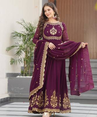 purple faux georgette readymade anarkali suit with zari thread & embroidery work 1