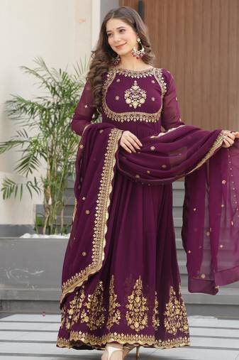 purple faux georgette readymade anarkali suit with zari thread & embroidery work