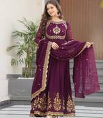 purple faux georgette readymade anarkali suit with zari thread & embroidery work