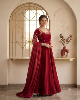 Maroon silk Blend  party wear anarkali gown with zari embroidery 2
