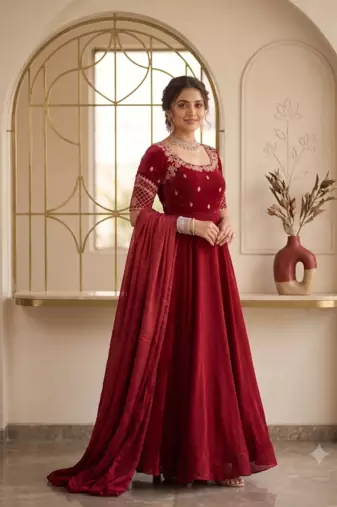 Maroon silk Blend  party wear anarkali gown with zari embroidery