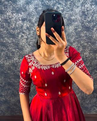 Maroon silk Blend  party wear anarkali gown with zari embroidery 2
