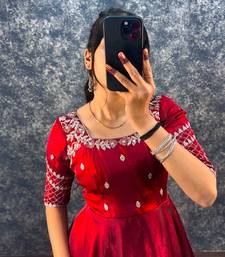 Maroon silk Blend  party wear anarkali gown with zari embroidery