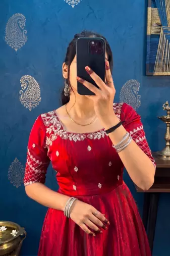 Maroon silk Blend  party wear anarkali gown with zari embroidery