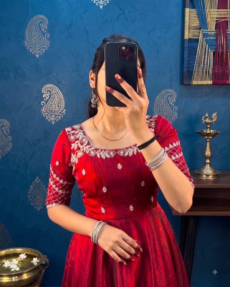 Maroon silk Blend  party wear anarkali gown with zari embroidery