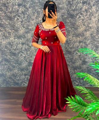 Maroon silk Blend  party wear anarkali gown with zari embroidery 3