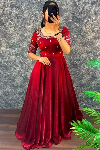 Maroon silk Blend  party wear anarkali gown with zari embroidery