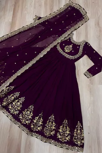 purple faux georgette readymade anarkali suit with zari thread & embroidery work