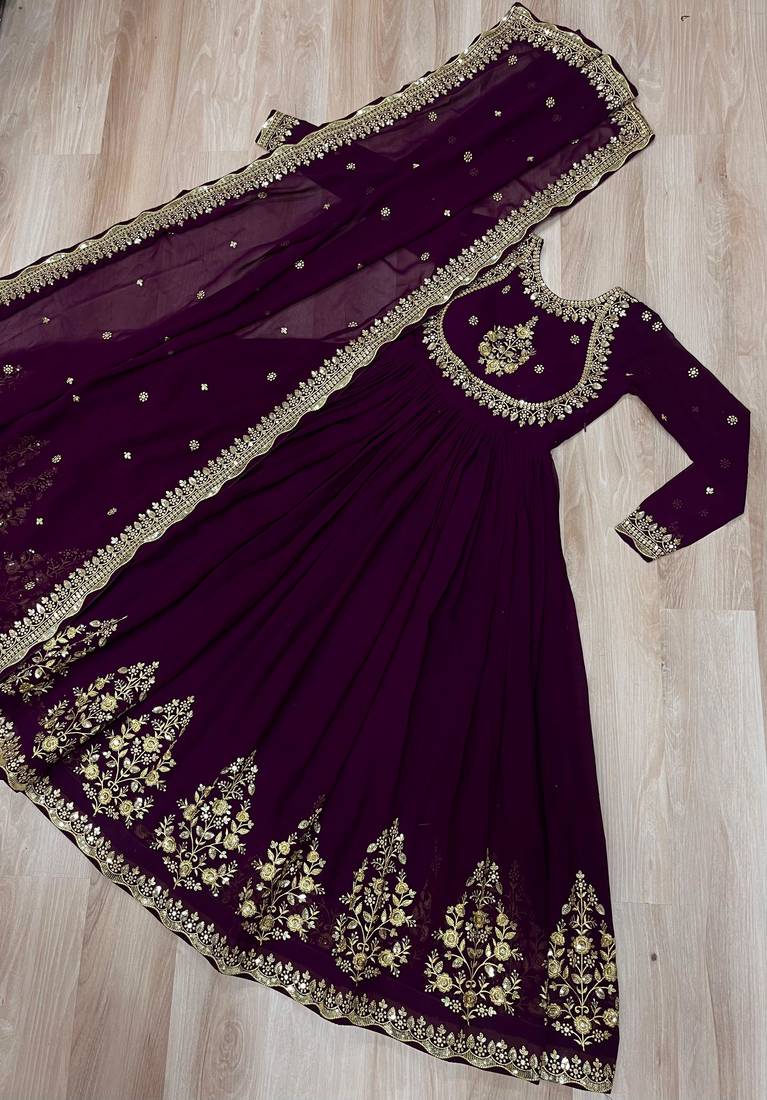 purple faux georgette readymade anarkali suit with zari thread & embroidery work