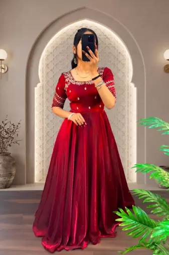 Maroon silk Blend  party wear anarkali gown with zari embroidery