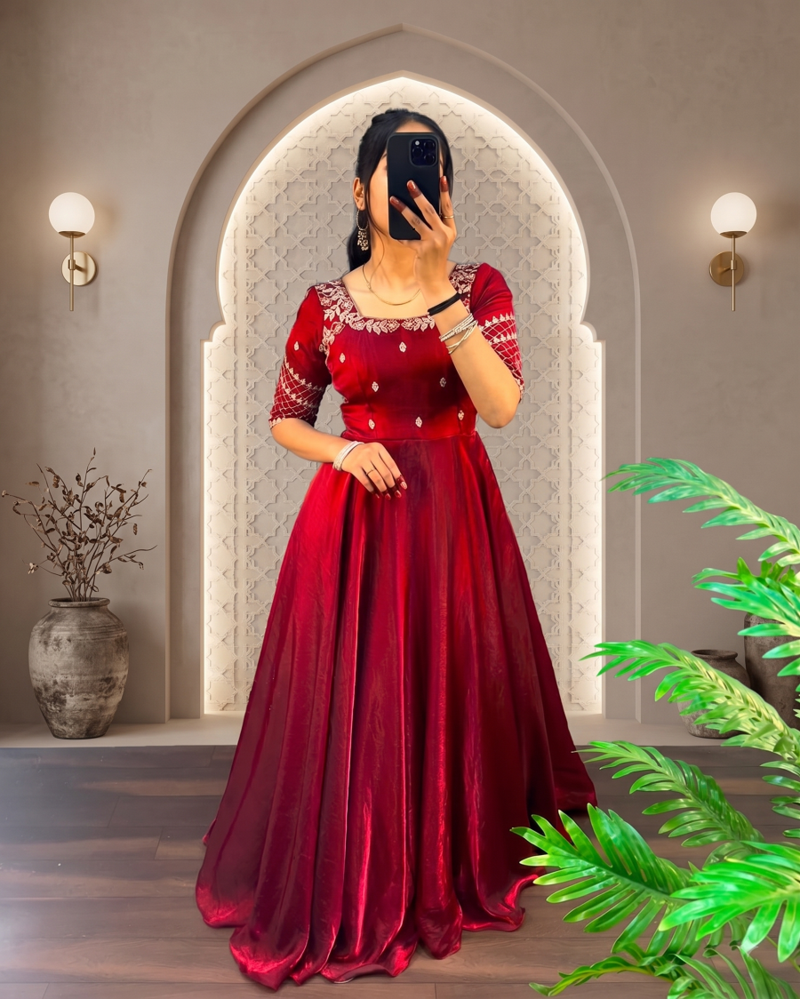 Maroon silk Blend  party wear anarkali gown with zari embroidery