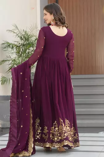 purple faux georgette readymade anarkali suit with zari thread & embroidery work