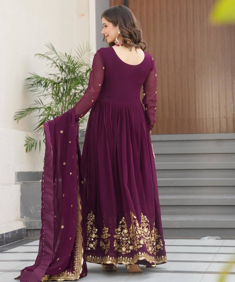 purple faux georgette readymade anarkali suit with zari thread & embroidery work