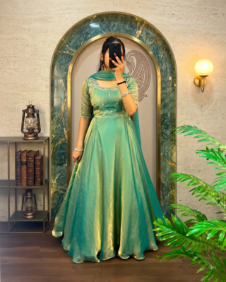 Pista green silk Blend party wear anarkali gown with zari embroidery 1