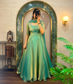 Pista green silk Blend party wear anarkali gown with zari embroidery