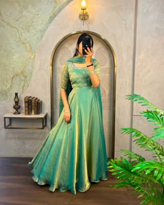 Pista green silk Blend party wear anarkali gown with zari embroidery 2