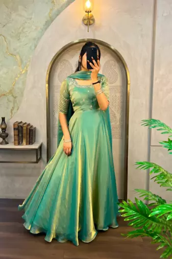 Pista green silk Blend party wear anarkali gown with zari embroidery