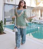 blue silk blend  readymade suit with real mirror & sequence work