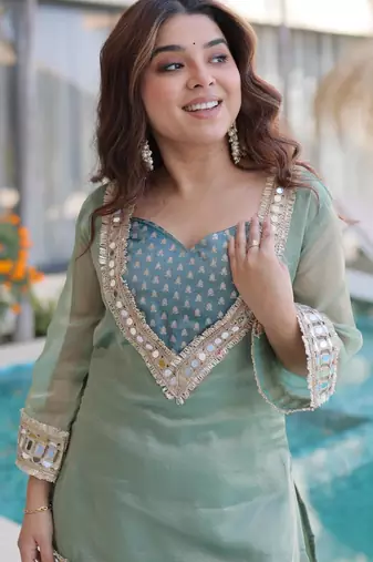 blue silk blend  readymade suit with real mirror & sequence work
