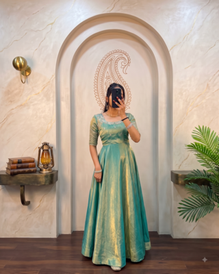 Pista green silk Blend party wear anarkali gown with zari embroidery 3