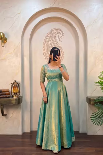 Pista green silk Blend party wear anarkali gown with zari embroidery