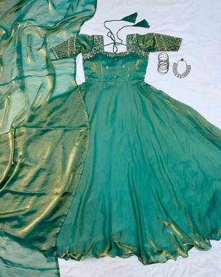 Pista green silk Blend party wear anarkali gown with zari embroidery 4