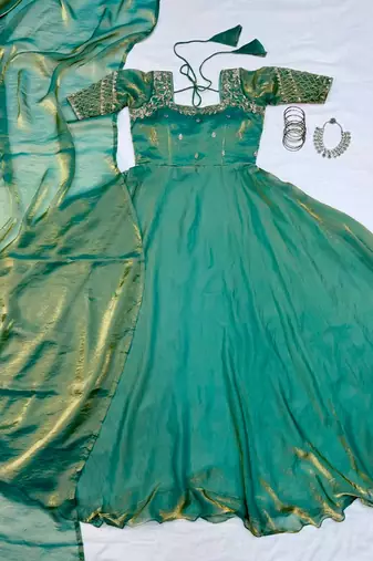 Pista green silk Blend party wear anarkali gown with zari embroidery