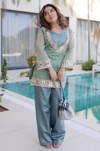 blue silk blend  readymade suit with real mirror & sequence work