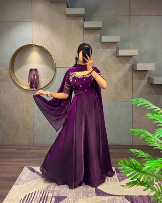 Wine silk Blend  party wear anarkali gown with zari embroidery 1