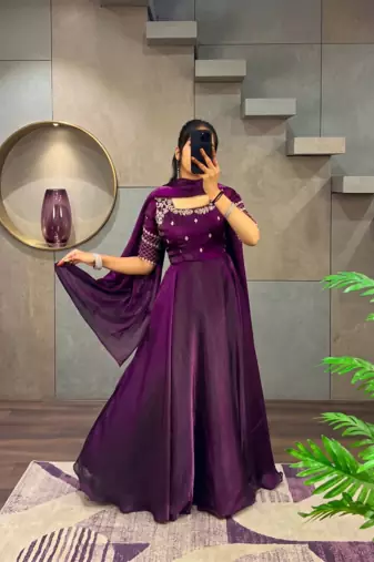Wine silk Blend  party wear anarkali gown with zari embroidery