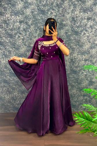 Wine silk Blend  party wear anarkali gown with zari embroidery