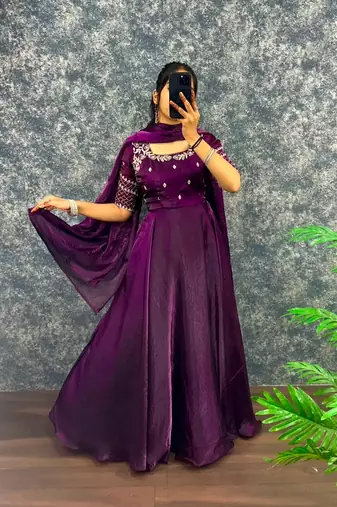 Wine silk Blend  party wear anarkali gown with zari embroidery