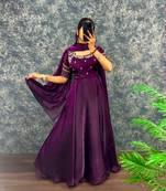 Wine silk Blend  party wear anarkali gown with zari embroidery