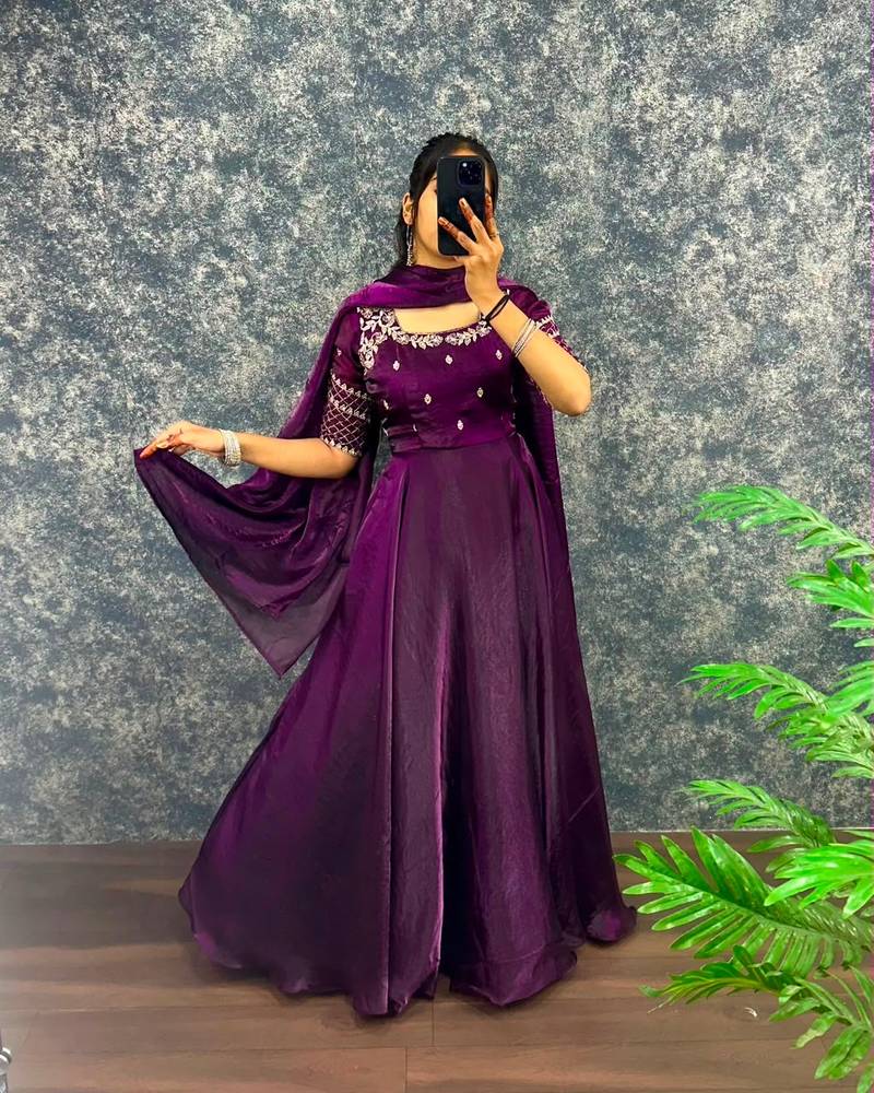 Wine silk Blend  party wear anarkali gown with zari embroidery