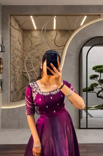 Wine silk Blend  party wear anarkali gown with zari embroidery
