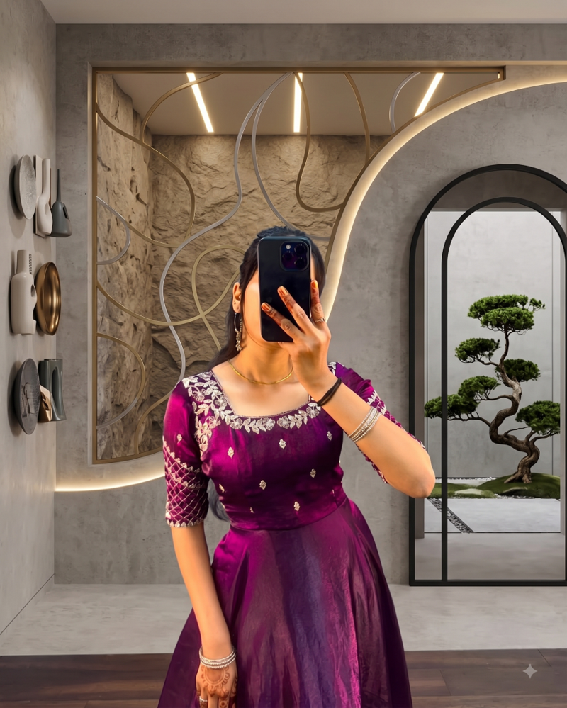 Wine silk Blend  party wear anarkali gown with zari embroidery