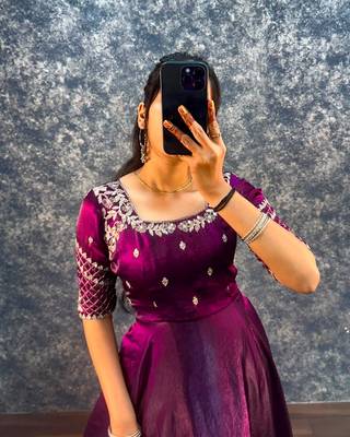 Wine silk Blend  party wear anarkali gown with zari embroidery 2